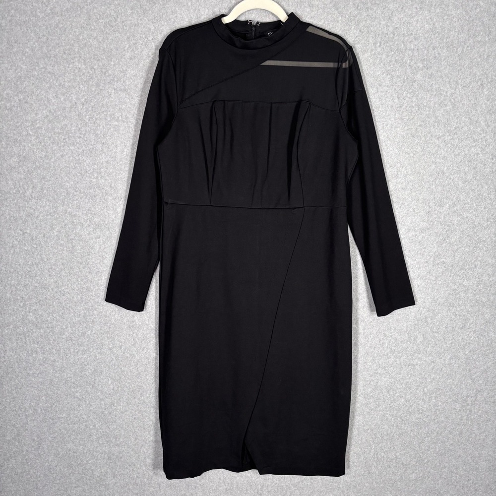 New York & Company Scuba Knit Wrap Dress XL Black Mesh Ponte Sheath High Neck